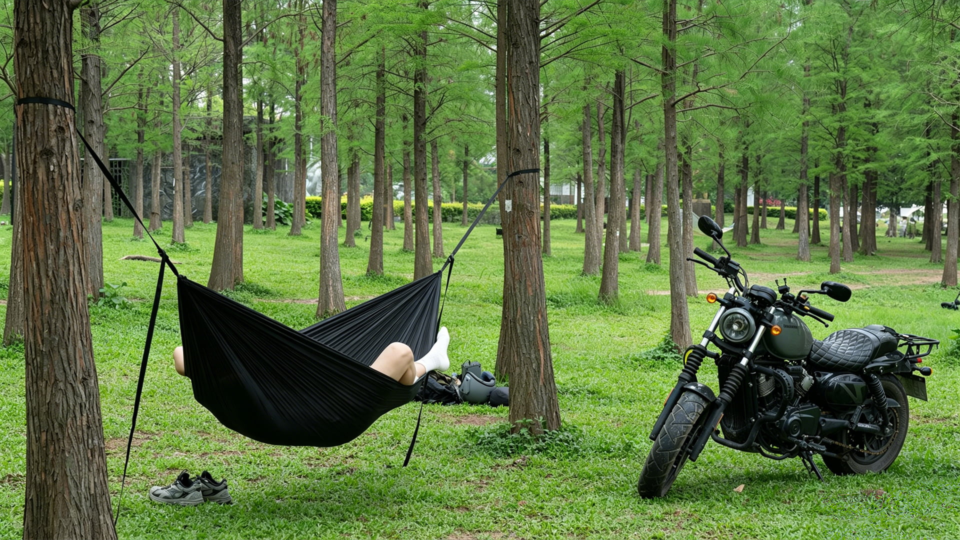 Lightweight outdoor hammock in forest setting