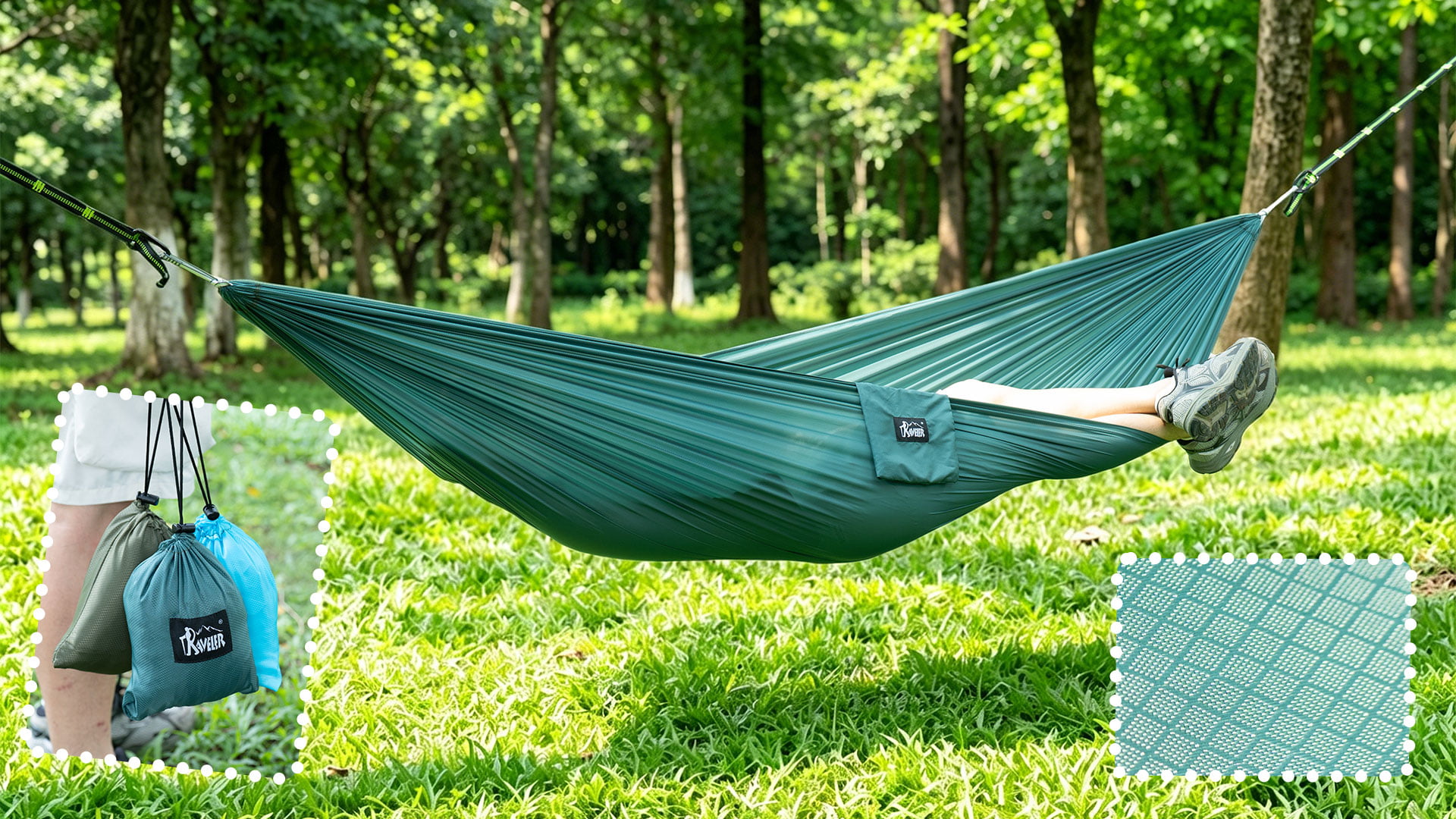Lightweight outdoor hammock in forest setting