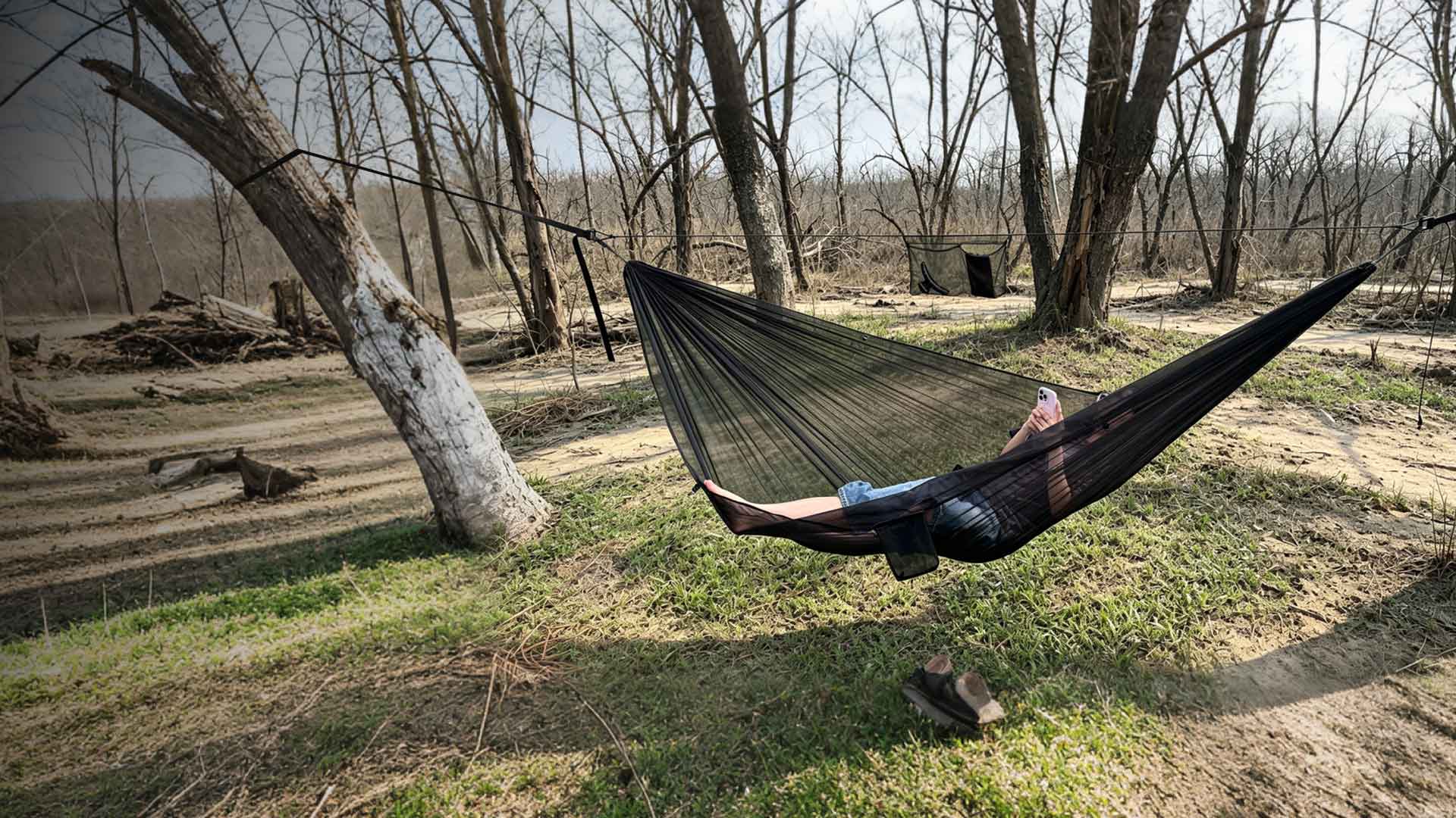 Lightweight outdoor hammock in forest setting