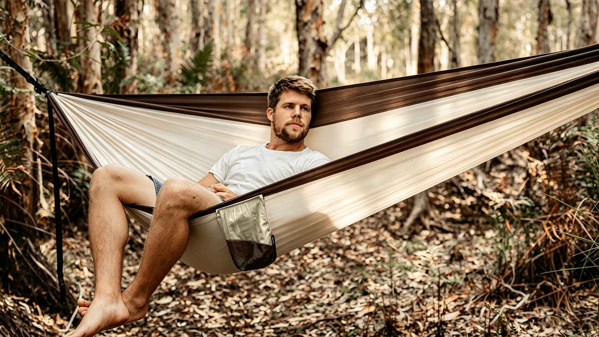Lightweight outdoor hammock in forest setting