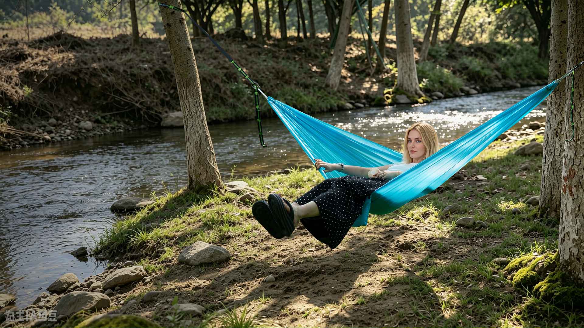 Lightweight outdoor hammock in forest setting